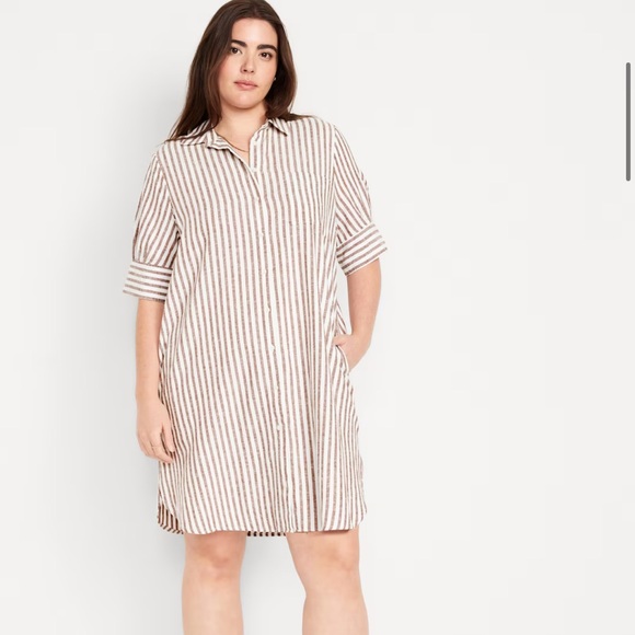 - NWT OLD NAVY Linen-Blend Shirt Dress Color: Sand Stripe SIZE LARGE - Picture 4 of 5